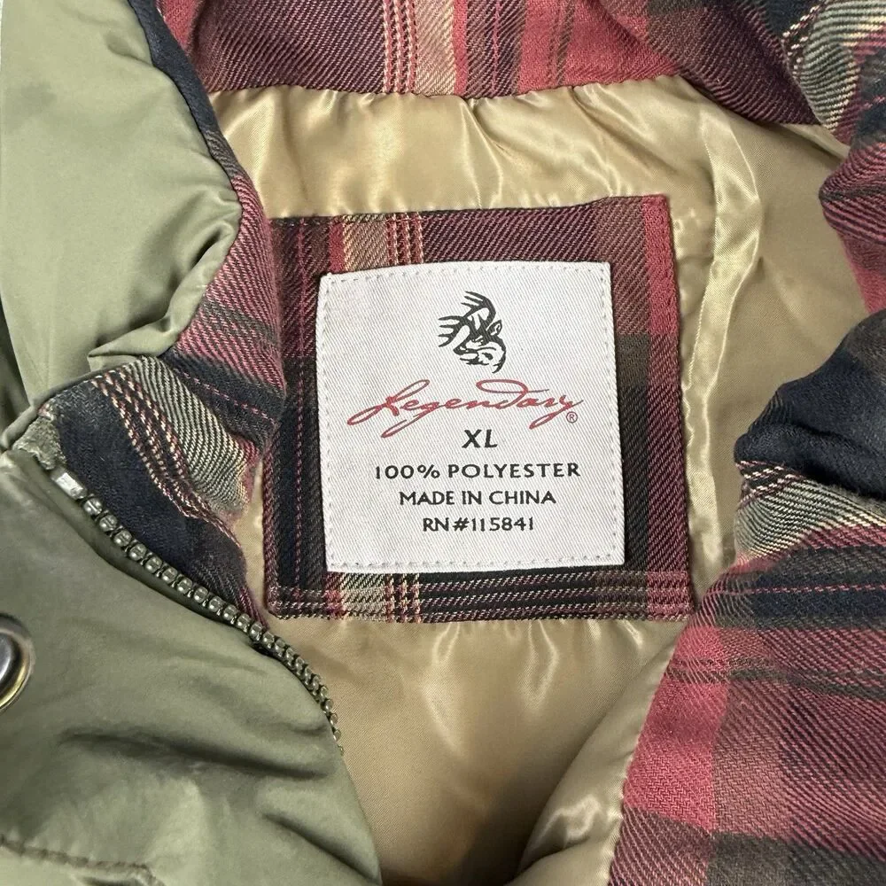 Legendary Olive Puffer Vest XL Toggle Button Plaid Lined Outdoor Hunting